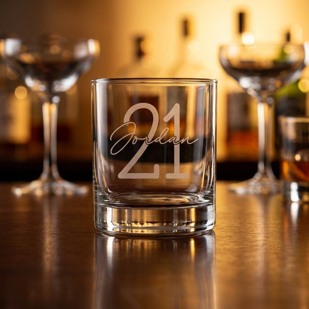 Personalised glass whiskey tumbler with custom name and milestone number engraving, custom scotch glass for birthday gifts and celebrations