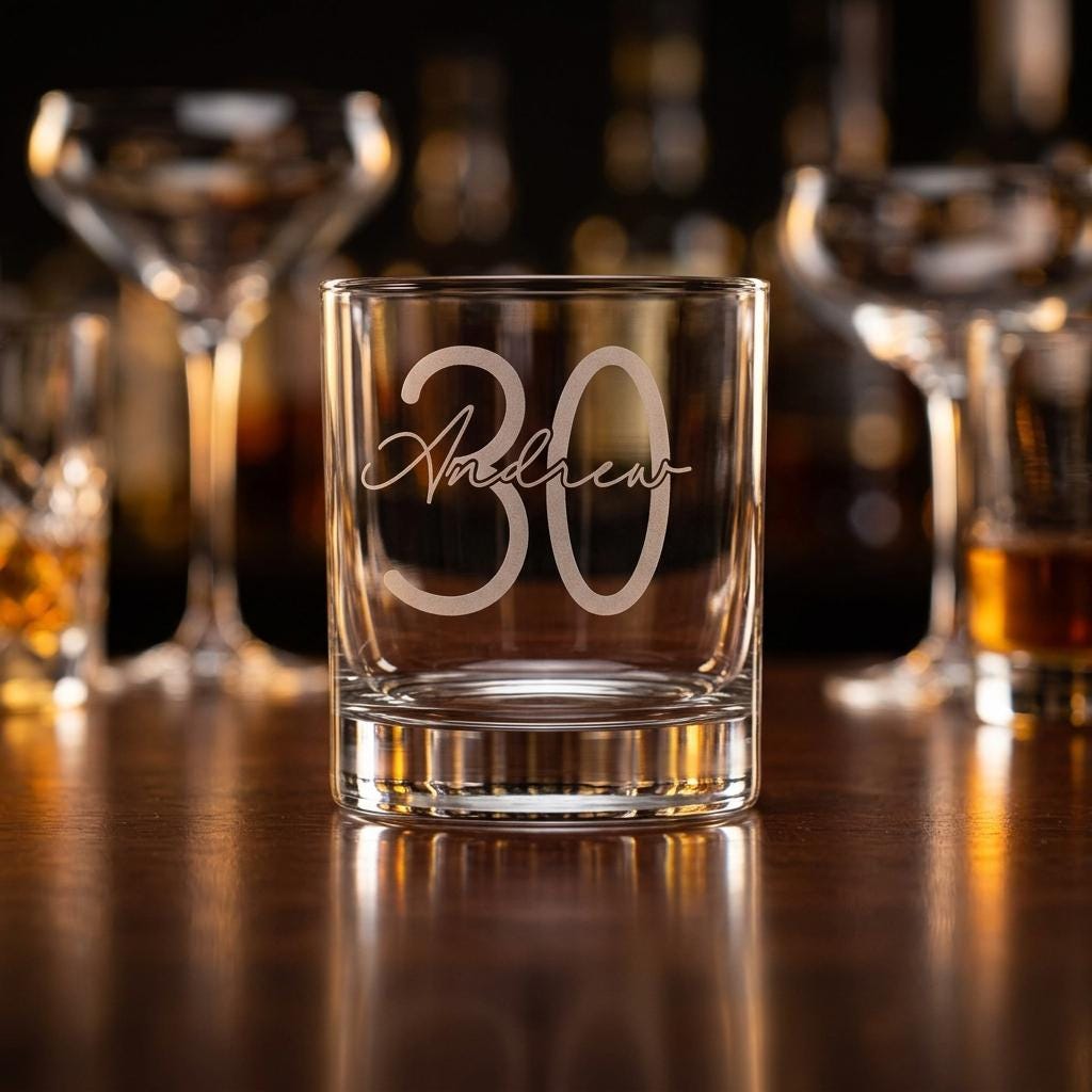 Personalised glass whiskey tumbler with custom name and milestone number engraving, custom scotch glass for birthday gifts and celebrations