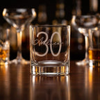 Personalised glass whiskey tumbler with custom name and milestone number engraving, custom scotch glass for birthday gifts and celebrations