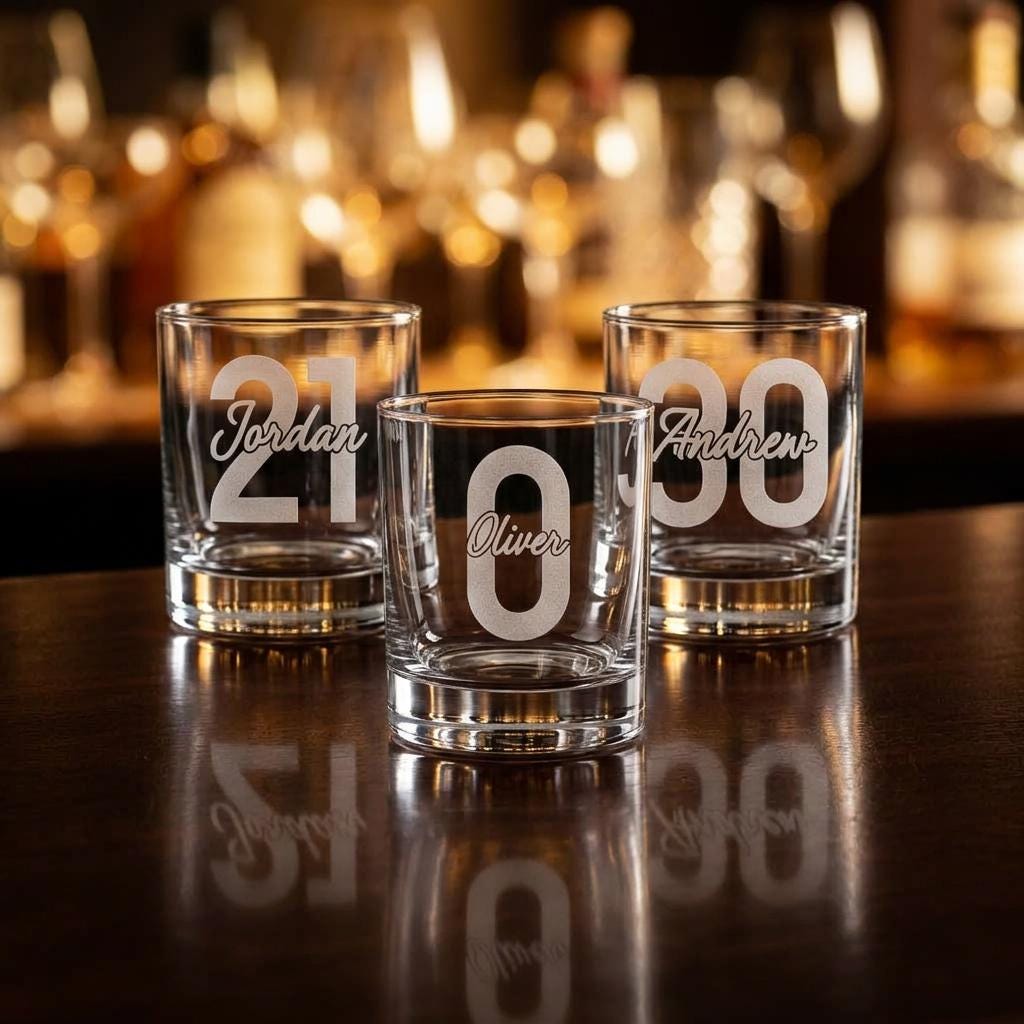 Personalised glass whiskey tumbler with custom name and milestone number engraving, custom bourbon glass for birthday gifts and celebrations