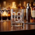 Personalised glass whiskey tumbler with custom name and milestone number engraving, custom bourbon glass for birthday gifts and celebrations