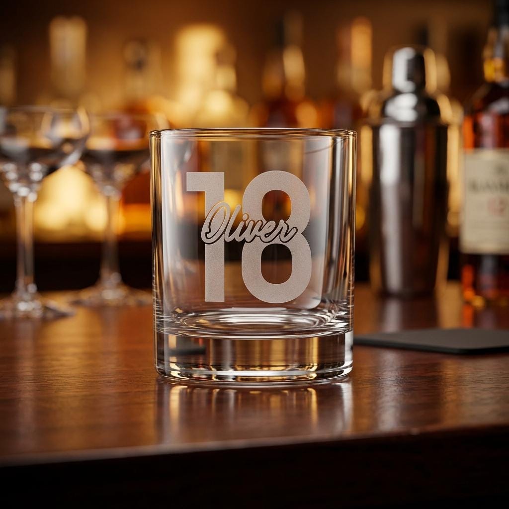 Personalised glass whiskey tumbler with custom name and milestone number engraving, custom bourbon glass for birthday gifts and celebrations