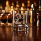 Personalised glass whiskey tumbler with custom name and milestone number engraving, custom bourbon glass for birthday gifts and celebrations
