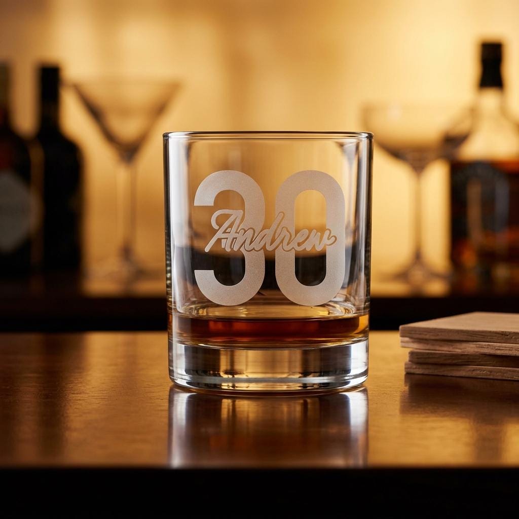 Personalised glass whiskey tumbler with custom name and milestone number engraving, custom bourbon glass for birthday gifts and celebrations