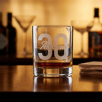 Personalised glass whiskey tumbler with custom name and milestone number engraving, custom bourbon glass for birthday gifts and celebrations