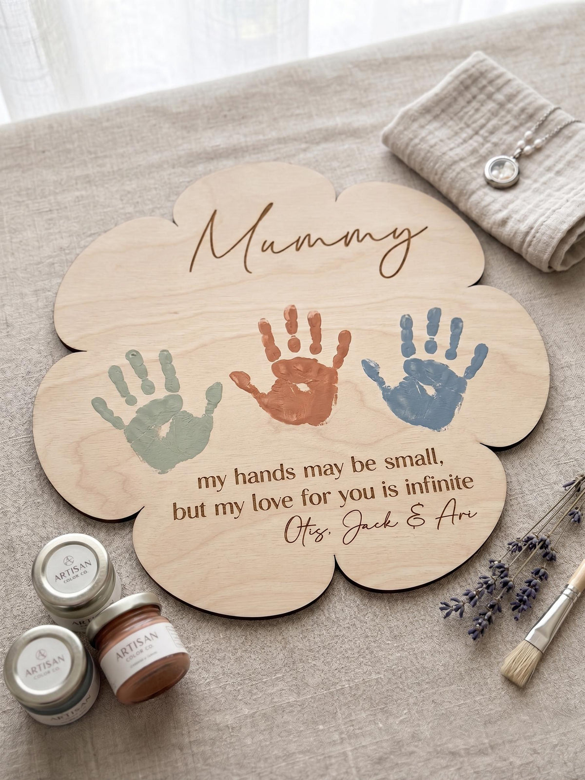 Personalised wooden flower handprint plaque made of natural birch timber with engraved message for Mother's Day