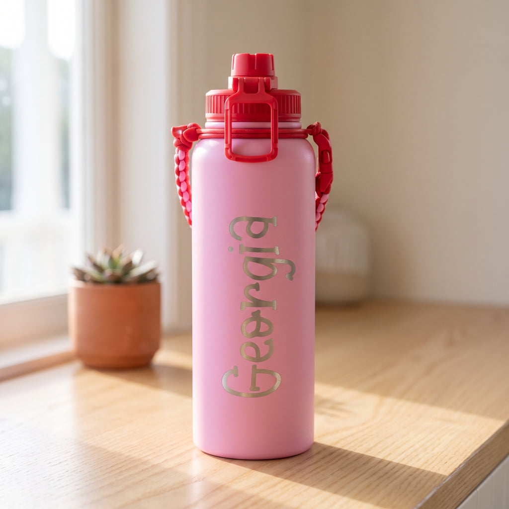 Vertical front angle of the pink and red insulated drink bottle displaying crisp laser engraved lettering through the durable powder coat finish.