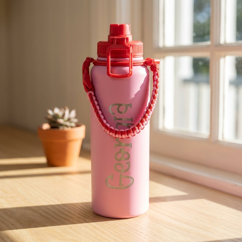 Matte pink 1.1L personalised drink bottle with red sports lid and woven carry strap featuring the name Georgia laser etched in elegant script.