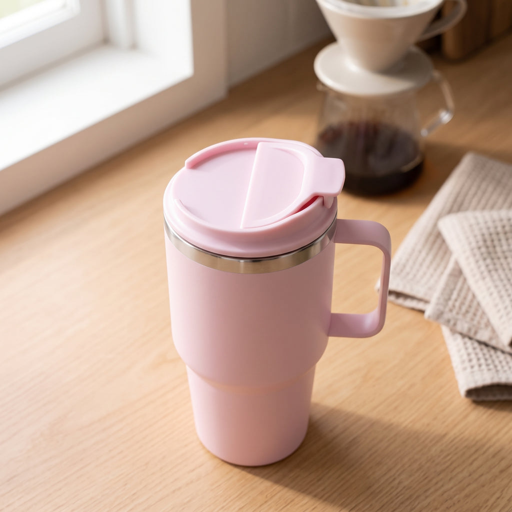 A light pink travel tumbler with a matching lid and handle, sitting on a wooden table in a bright kitchen setting with a coffee maker in the background.