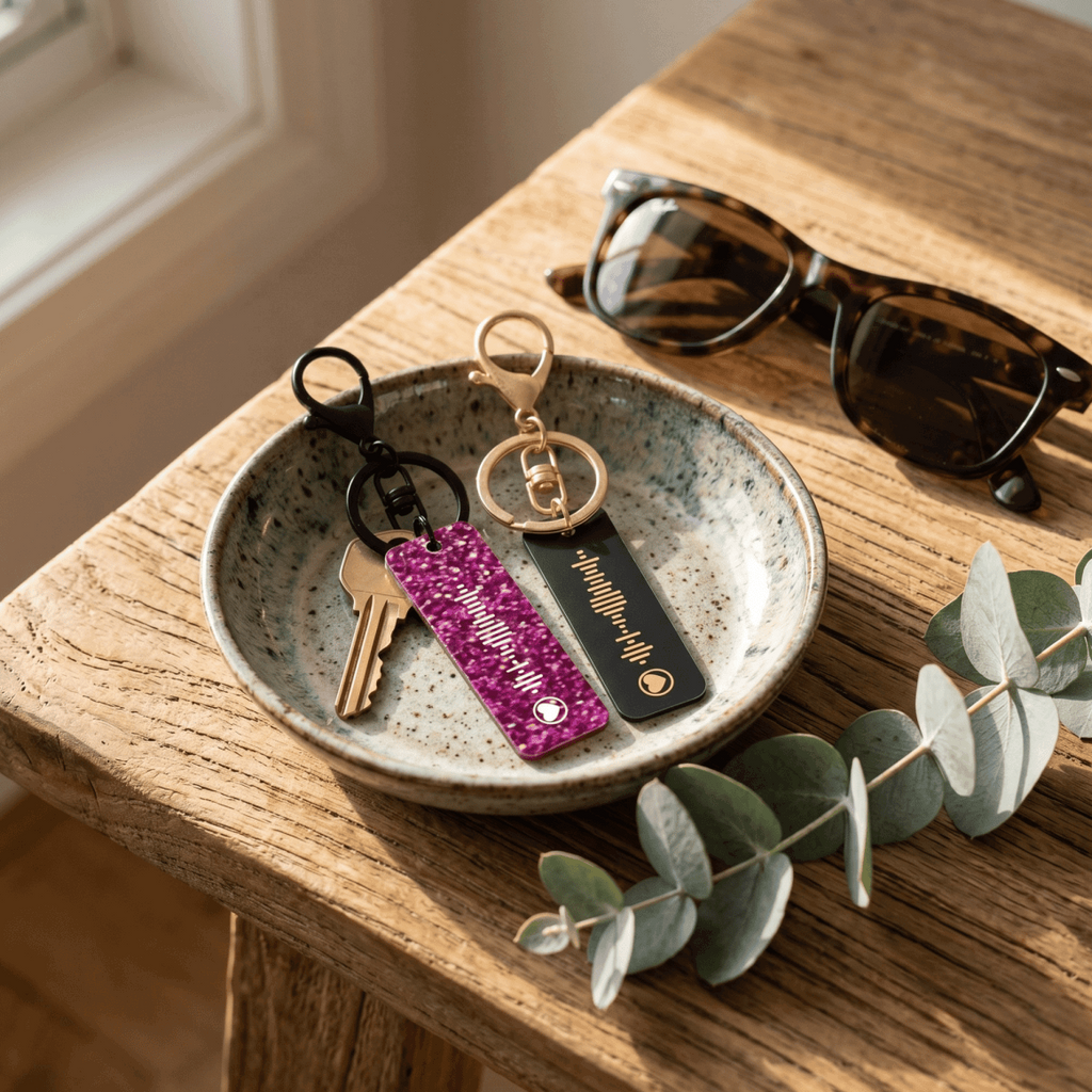 Personalised clear acrylic heart music code keyring with custom song title and scannable code, made by Make It Personal Gift Co in Australia.
