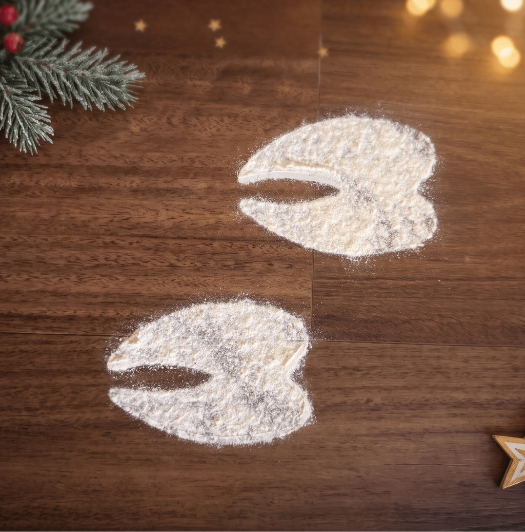 Close up view of reusable timber reindeer hoofs print stencil with white powder on timber flooring