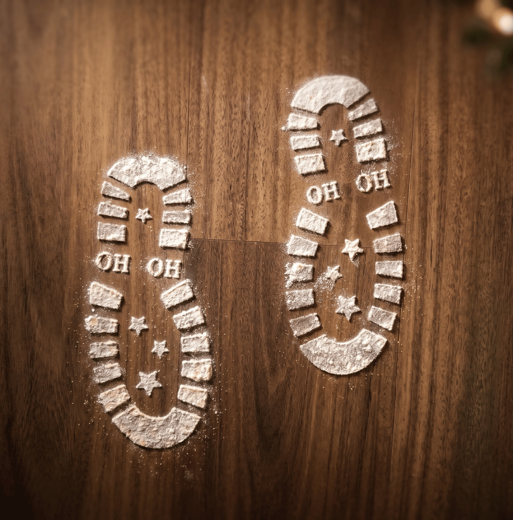 Two boot-shaped footprints made of white powder, including the text 'OH OH' and star details, printed on a dark brown wooden surface.