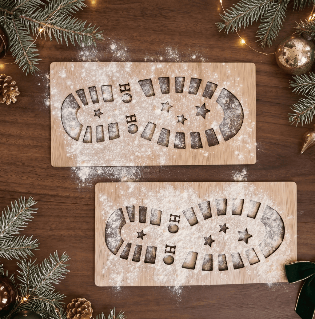 Close up view of reusable timber Santa boot print stencil with white powder on timber flooring