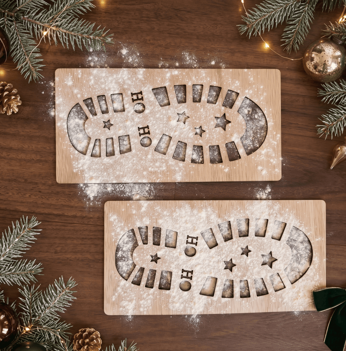 Close up view of reusable timber Santa boot print stencil with white powder on timber flooring