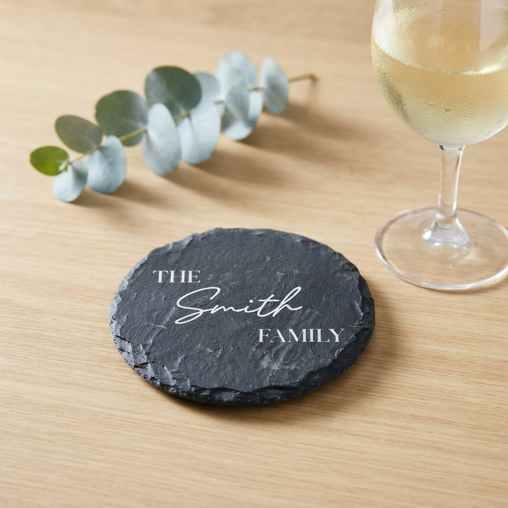 Close up of custom laser engraving on a dark round slate coaster featuring elegant traditional lettering.