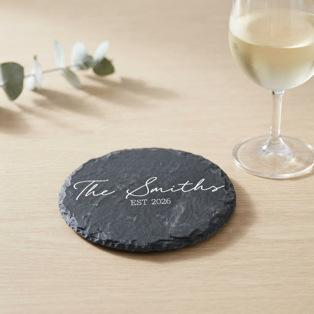 Close up of custom laser engraving on a dark round slate coaster featuring traditional balanced lettering.