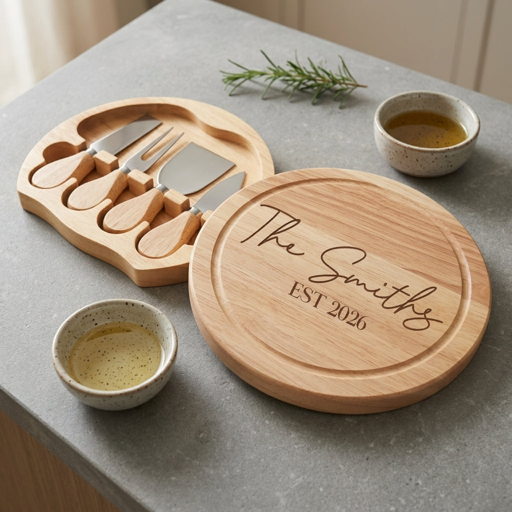 Round wooden cheese board swivelling open to show four stainless steel cheese tools stored in interior slots.