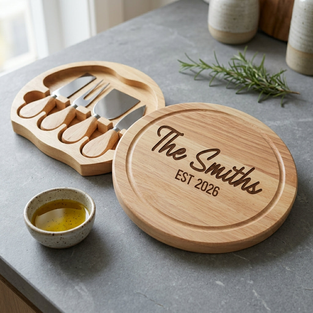 Close up of custom laser engraved round timber cheese board swivelling open to reveal four stainless steel cheese knives.