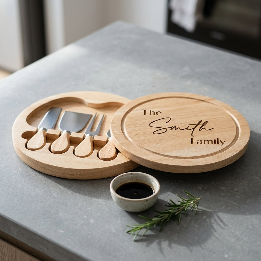 Round wooden cheese board swivelling open to reveal four stainless steel cheese tools stored in interior slots.