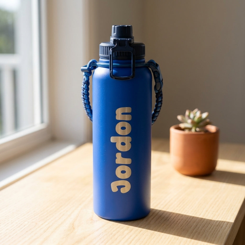 Close up side view of the royal blue insulated drink bottle highlighting the permanent laser engraved steel lettering and leak proof sports cap.