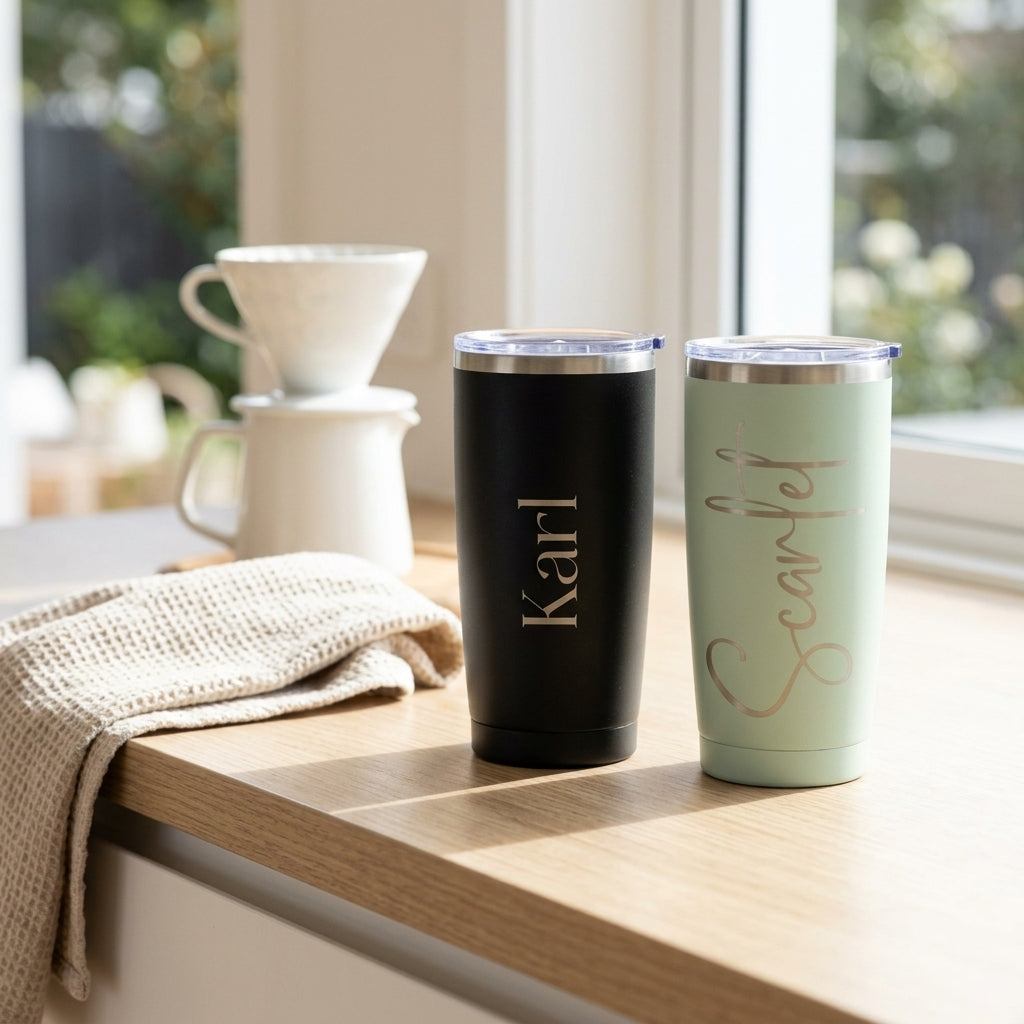 Two insulated travel tumblers on a wooden countertop near a window. One tumbler is matte black with the name 'Karl' in silver script, and the other is light mint green with 'Scarlet' in silver script.