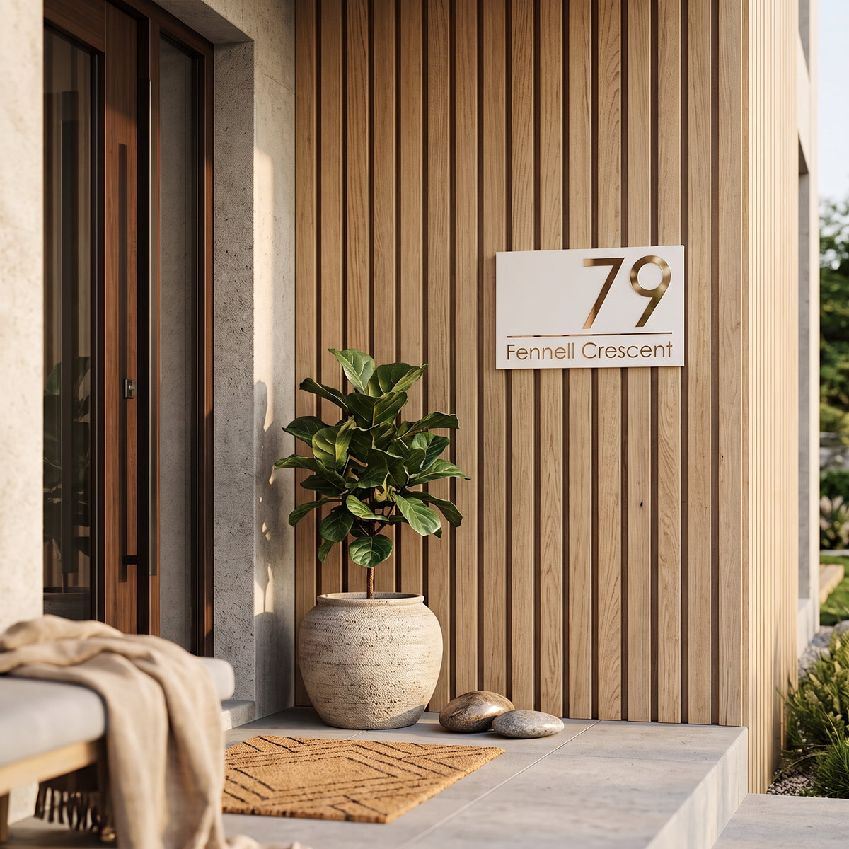 Modern white and gold laser cut house number plaque installed flush on vertical timber entrance wall.